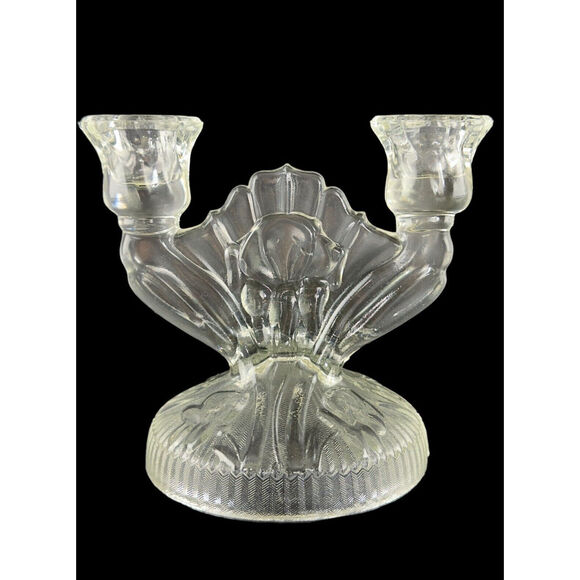 Vintage Art Deco Glass Double Candle Holders Shell Fan Design 2 Candlesticks - Picture 2 of 16